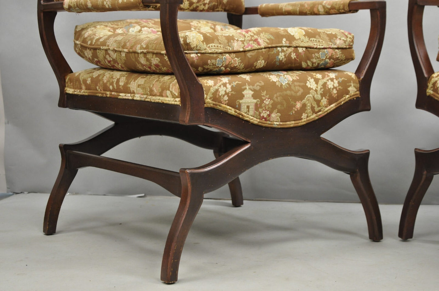 Vintage Hollywood Regency Curule Wooden X-Frame Lounge Arm Chairs - a Pair
