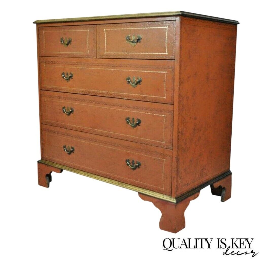 Vintage Chippendale Style Orange Tooled Leather Commode Chest of Drawers Dresser