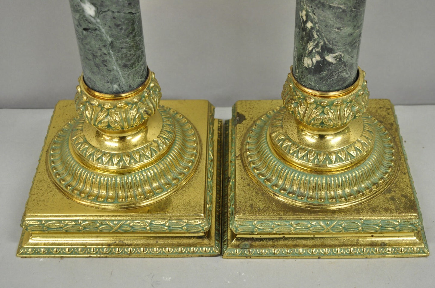 Vintage Hollywood Regency Brass Empire Green Column Gold Table Lamps - a Pair