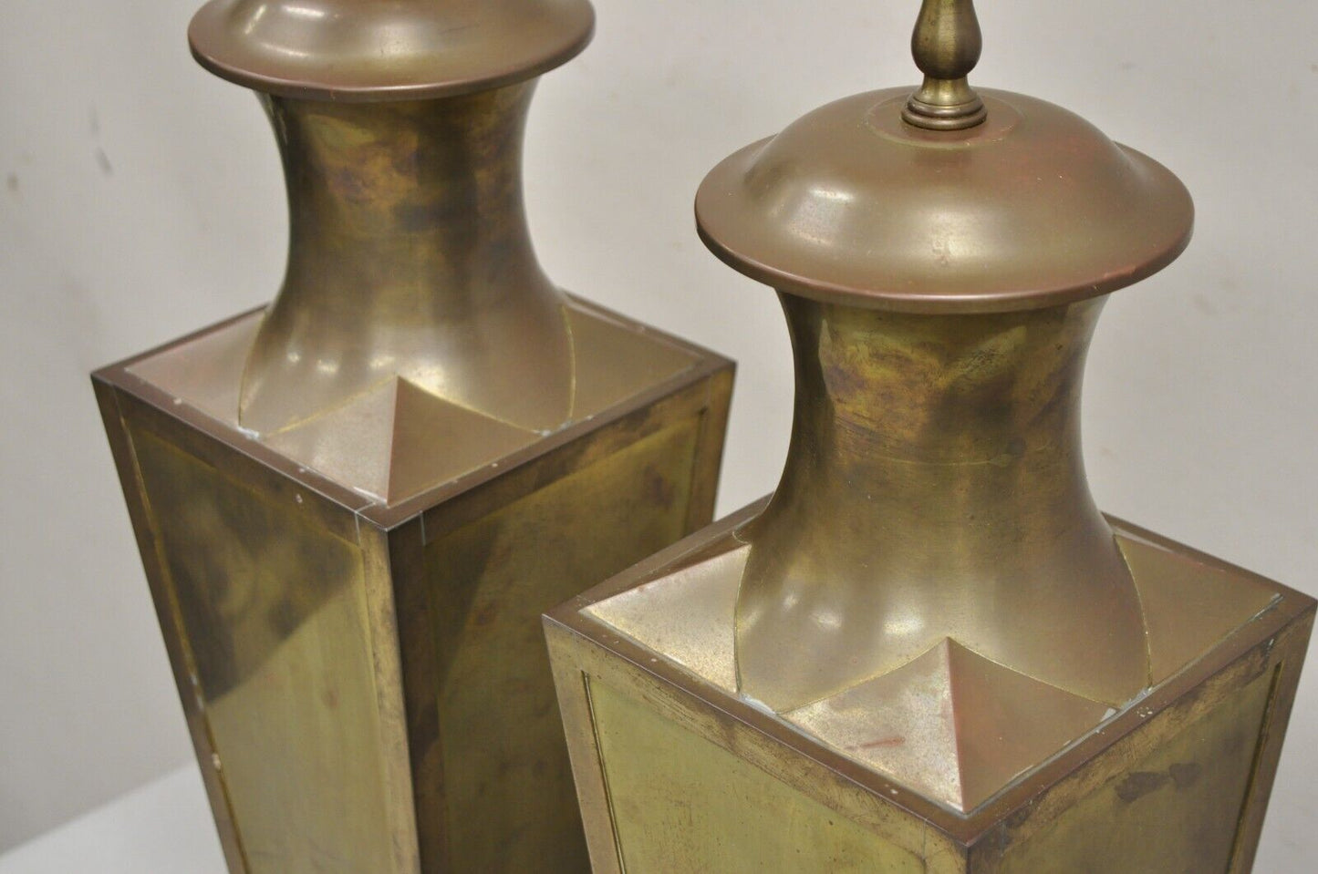 Chinoiserie Patinated Brass Square Jardiniere Table Lamp by Wildwood - a Pair