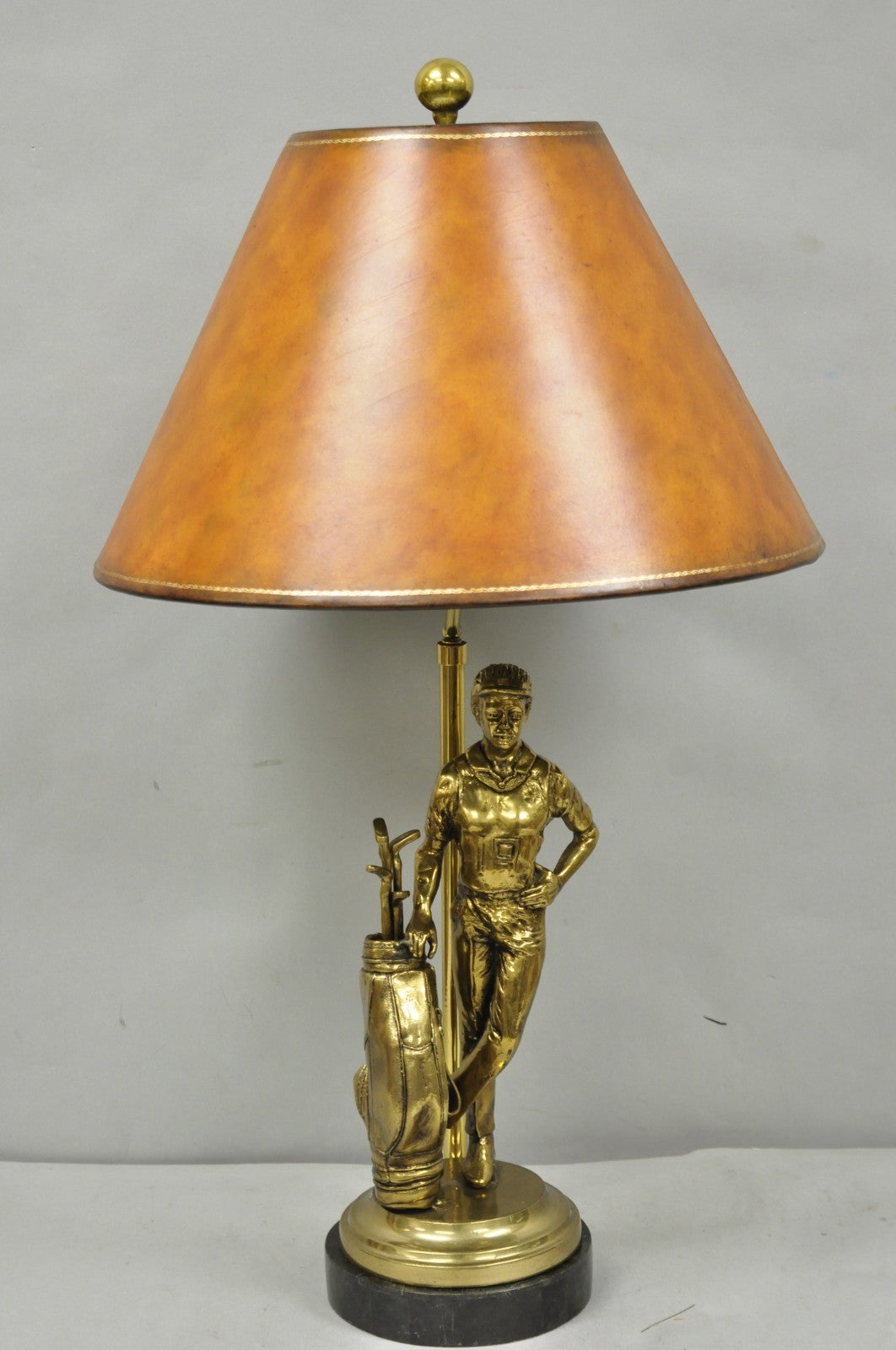 Vintage Maitland Smith Bronze Figure Golfer Sculpture Table Lamp w Leather Shade