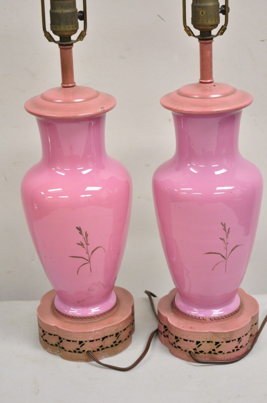 Vintage Chinoiserie Pink Porcelain Japanese Bird Painted Table Lamps - a Pair