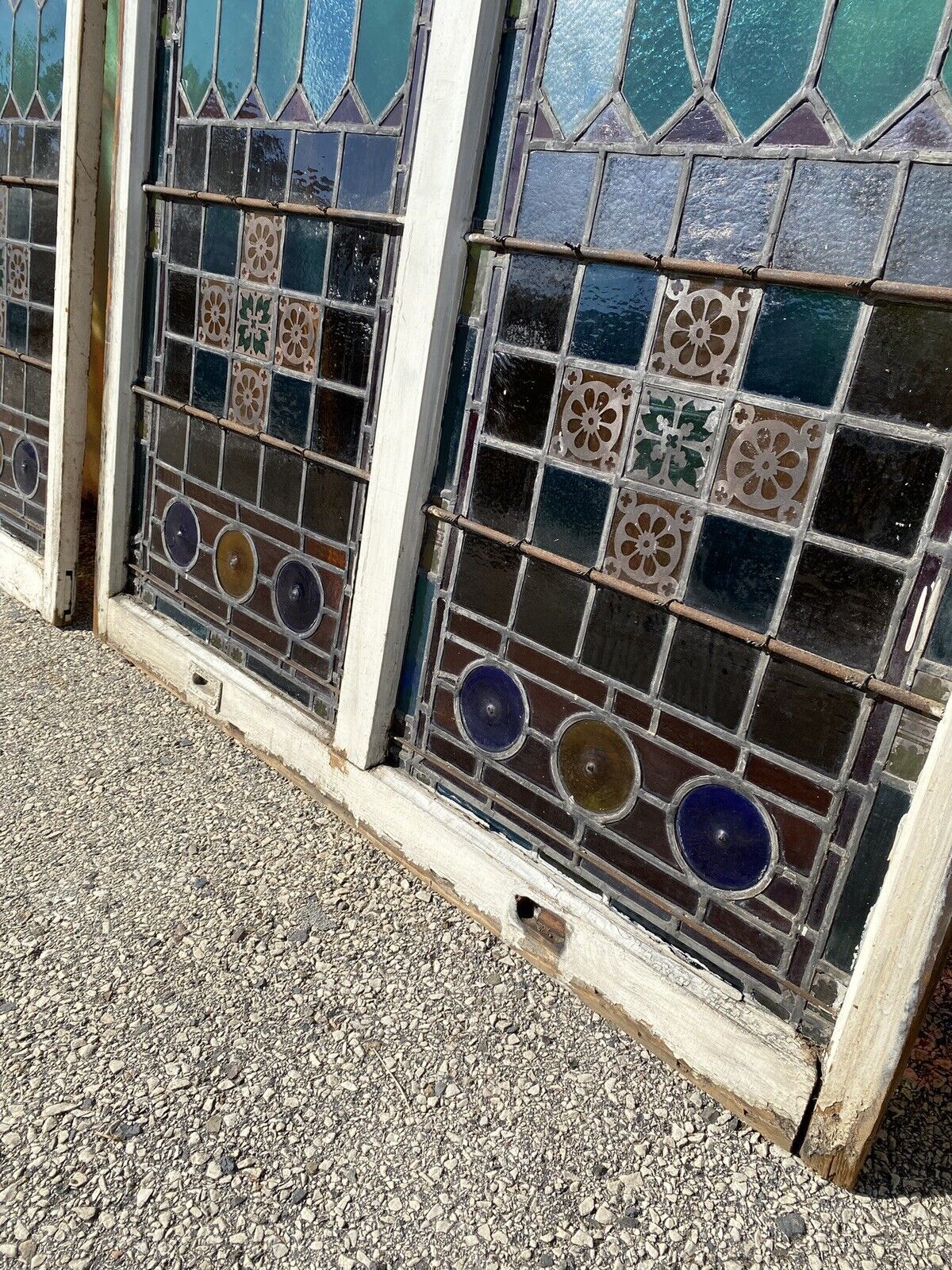 Antique Victorian 70 x 48 Double Stained Glass Window Pink Blue Green Jeweled