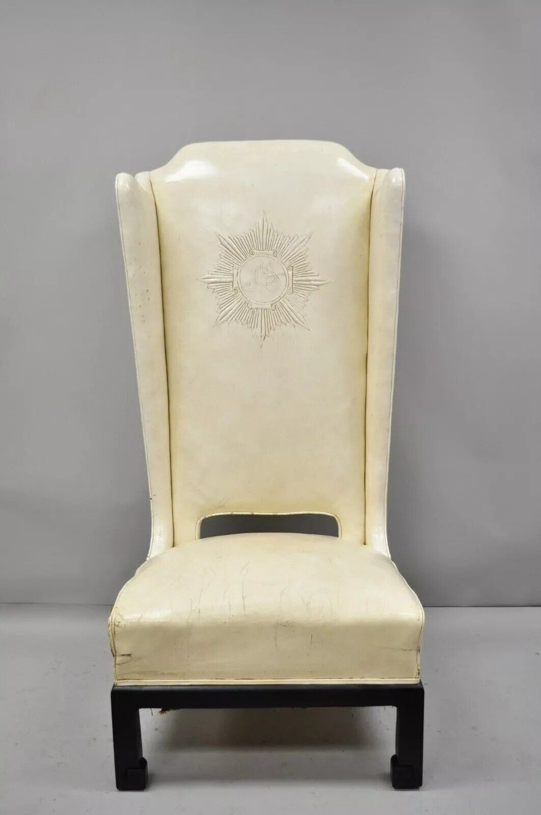 Vintage Oriental High Back Ming Style Black Lacquer Leather Lounge Chair