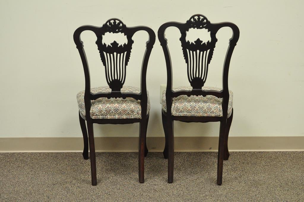 Antique Victorian Carved Mahogany Lyre Back Small Accent Side Chairs - a Pair