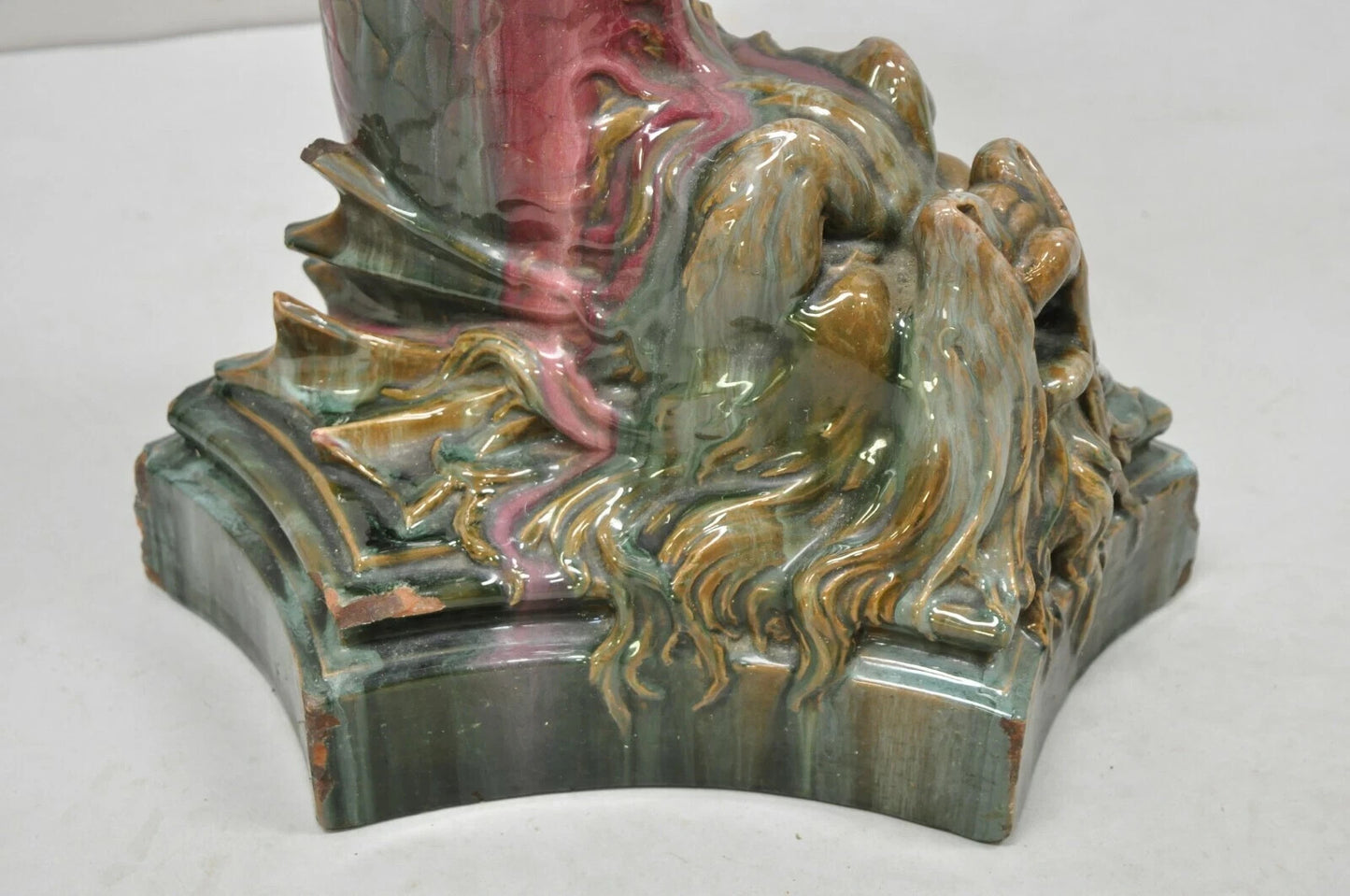 Antique Majolica Terracotta Pottery Dolphin Serpent Pink Plant Stand Pedestal