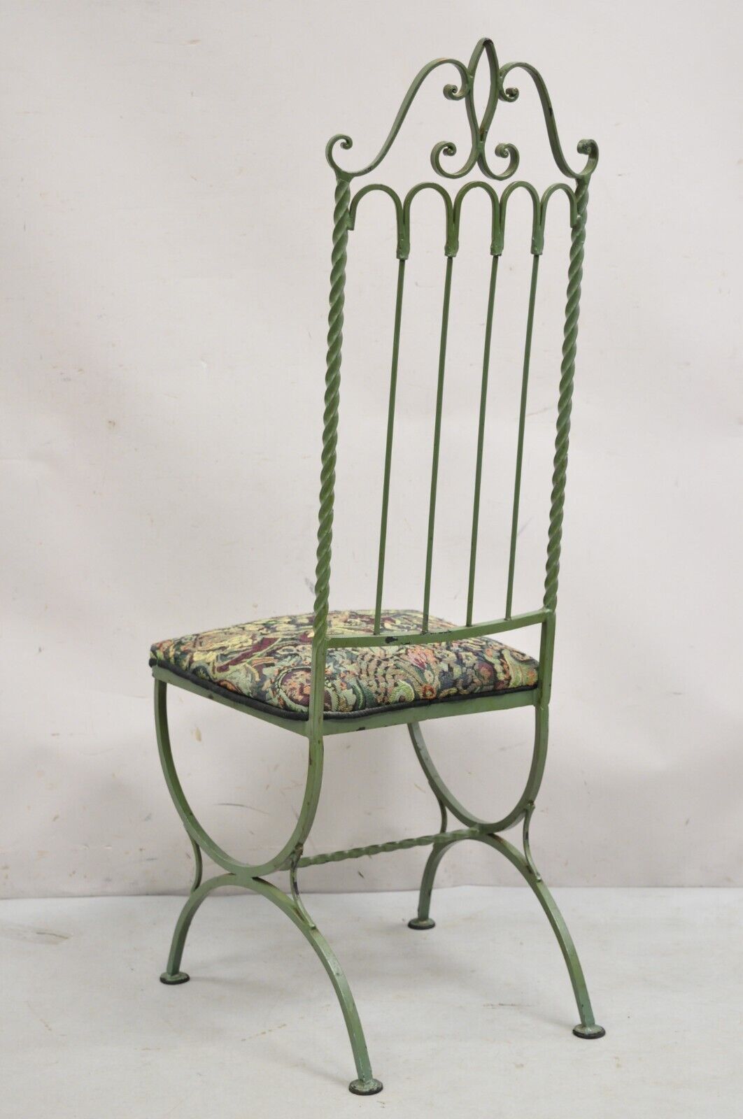 Vintage Gothic Hollywood Regency Style Green Wrought Iron Dining Chair Single