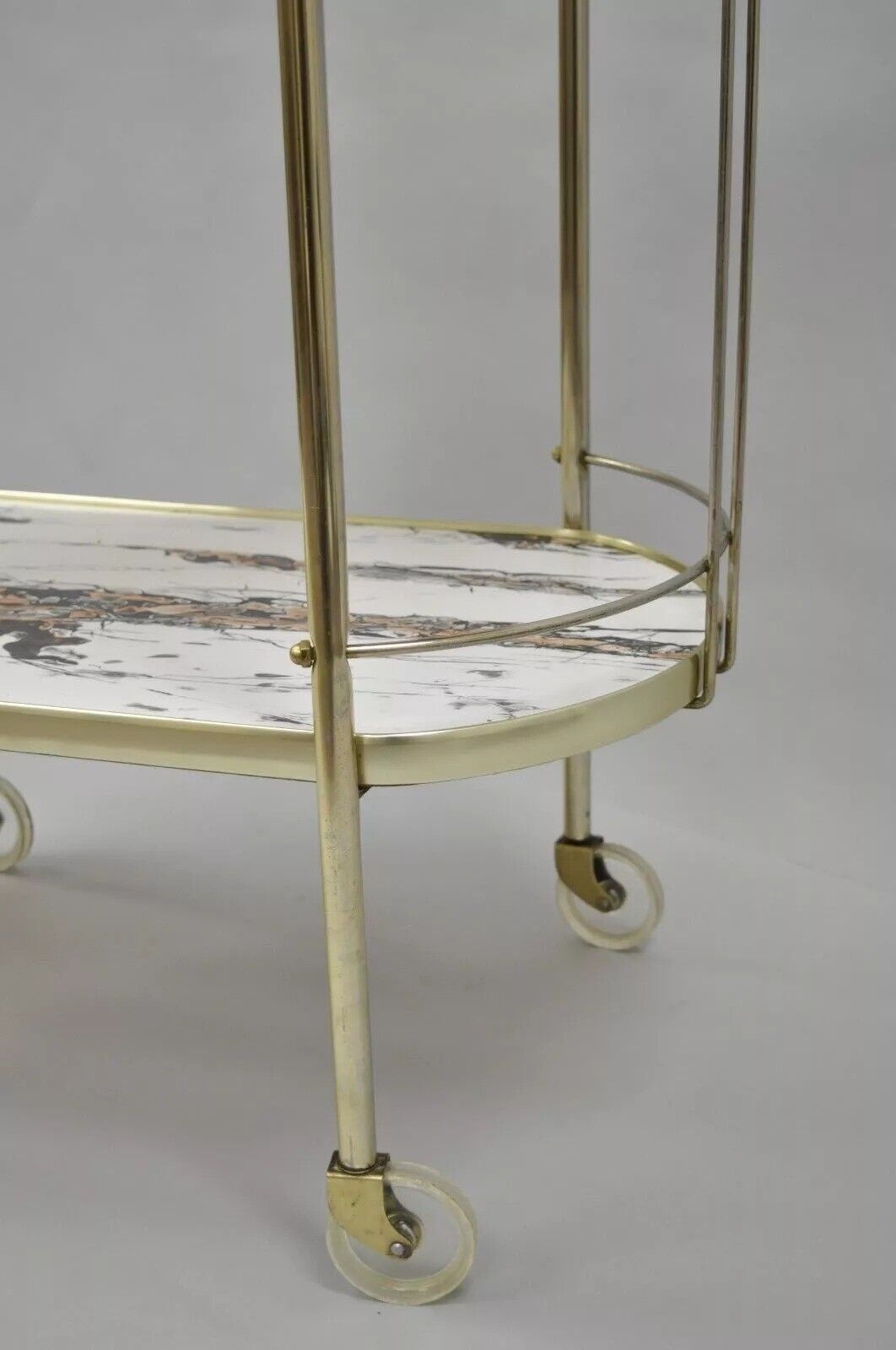 Vintage Mid Century Modern Brass Rolling Bar Tea Cart Laminate Faux Marble