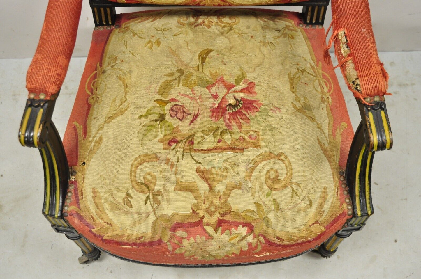 Antique French Empire Black Ebonized Walnut Needlepoint Parlor Arm Chair
