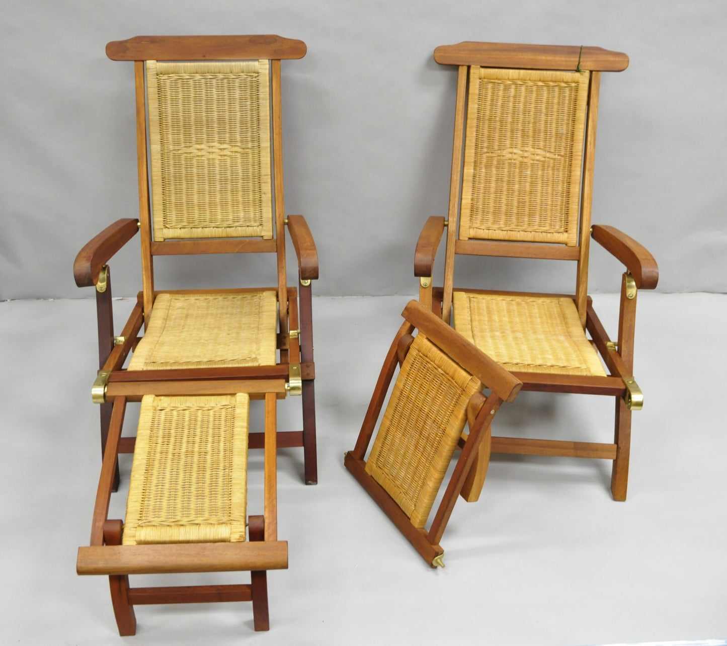 Park Royal British Colonial Hardwood & Wicker Plantation Folding Deck Chair Pair