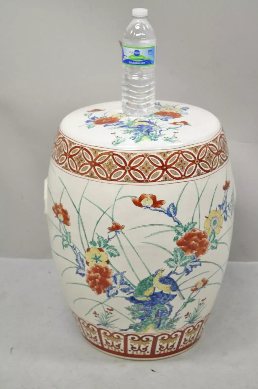 Vintage Chinoiserie Porcelain Ceramic Chinese Red Blue Garden Stool Seat, a Pair