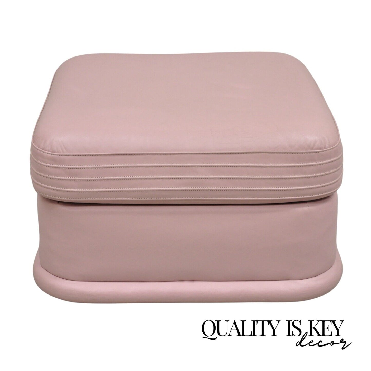 Vintage Post Modern Emerson Leather Bubblegum Pink Stitched Square Ottoman Stool