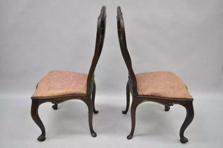 Antique Italian Baroque Style Carved Walnut Dining Side Chairs - Set of 6