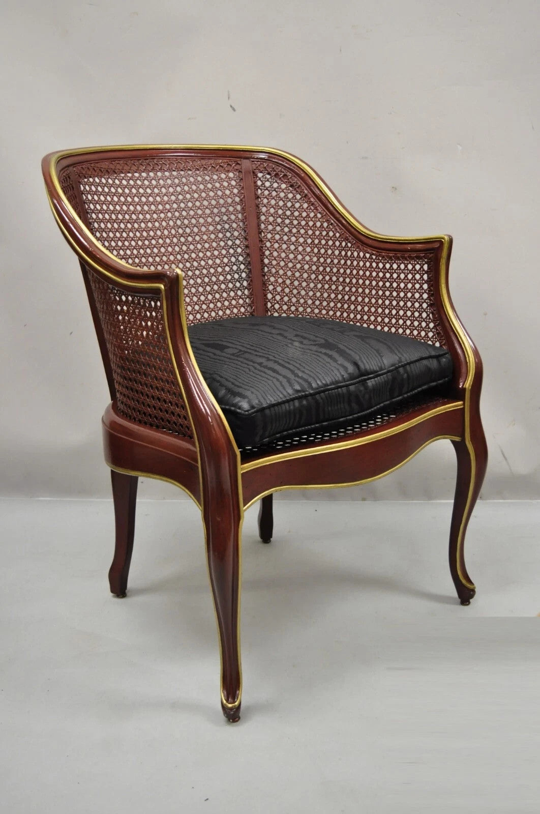 Vintage French Louis XV Style Red Lacquer & Gold Cane Bergere Lounge Club Chair