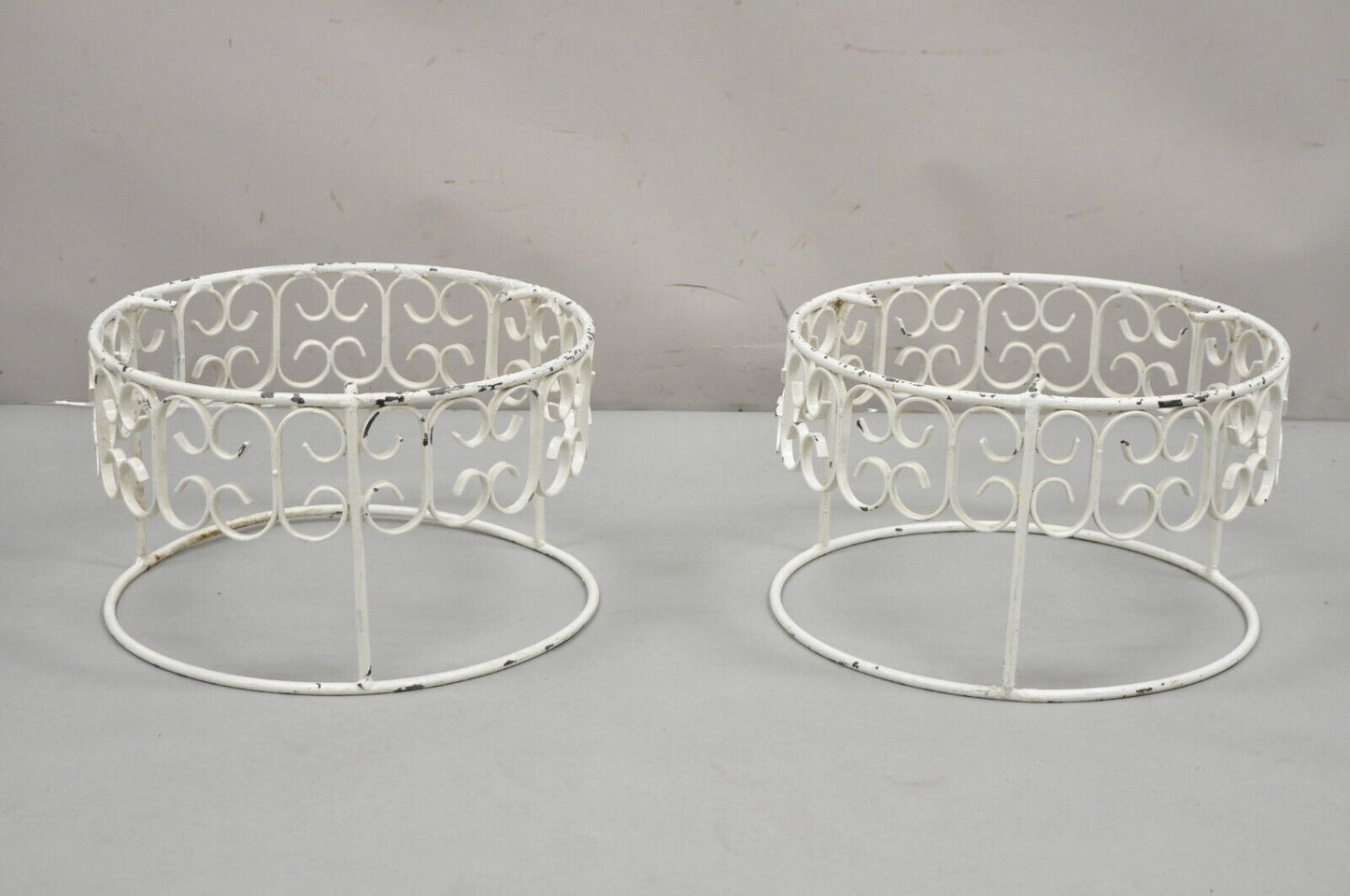 Arthur Umanoff Wrought Iron Scroll Low Round Glass Top Side Tables - a Pair