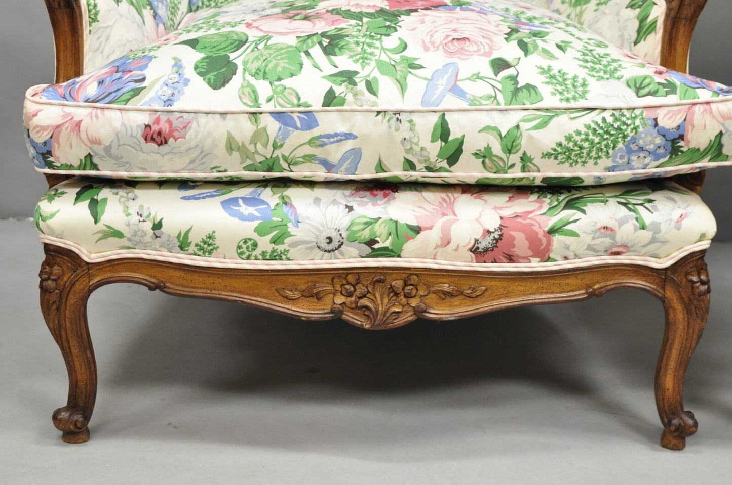 Antique French Country Louis XV Style Carved Walnut Bergere Wingback Chairs Pair