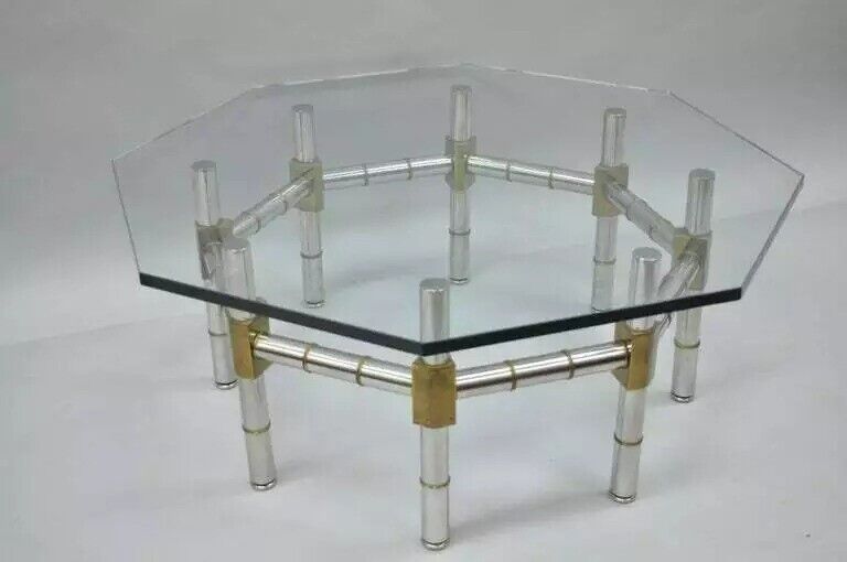 Mid Century Modern Chrome and Brass Faux Bamboo Octagonal Glass Top Coffee Table