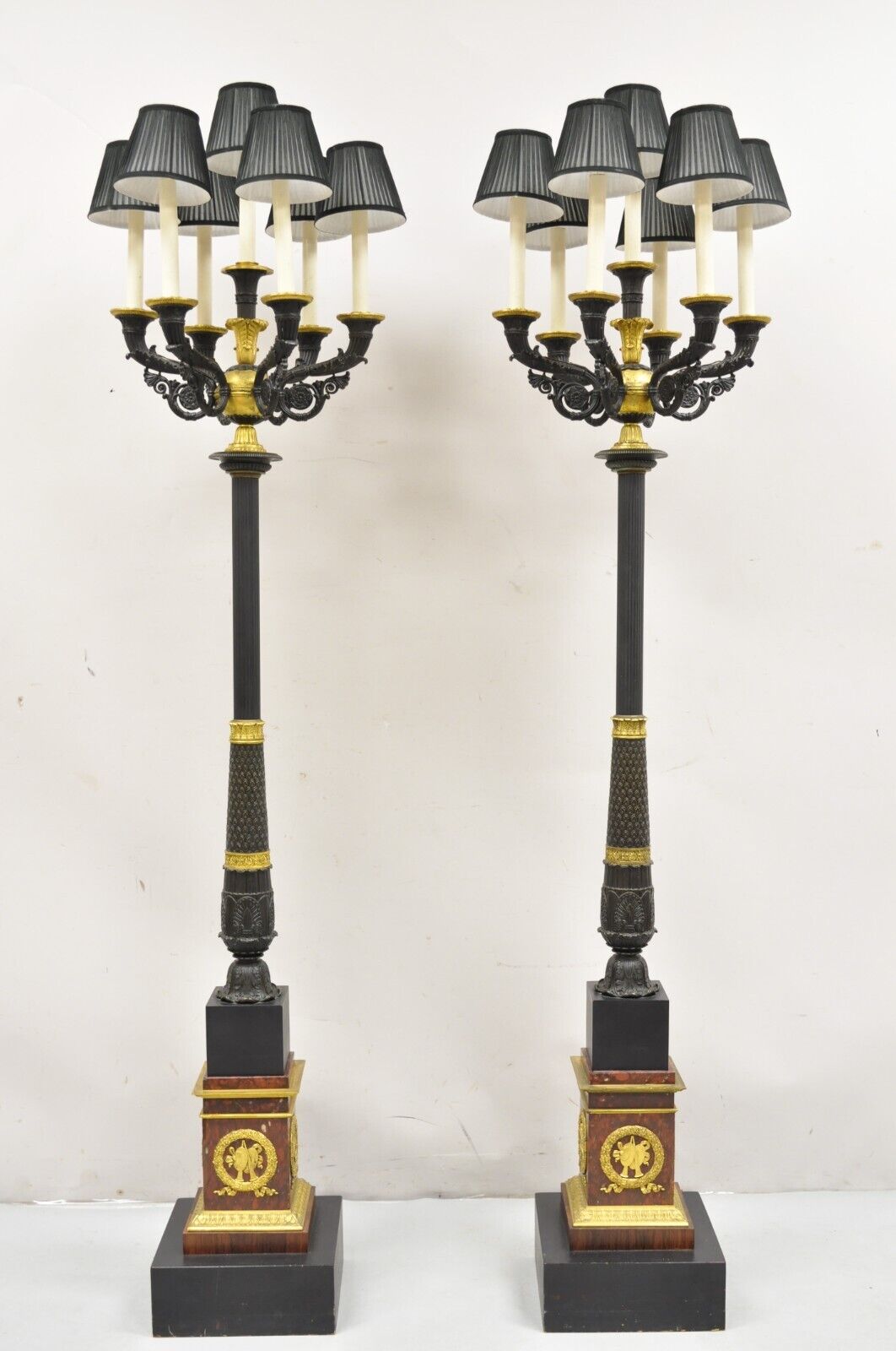 French Empire 68" Tall Bronze & Marble Lighted Candelabra Torchere Floor Lamps