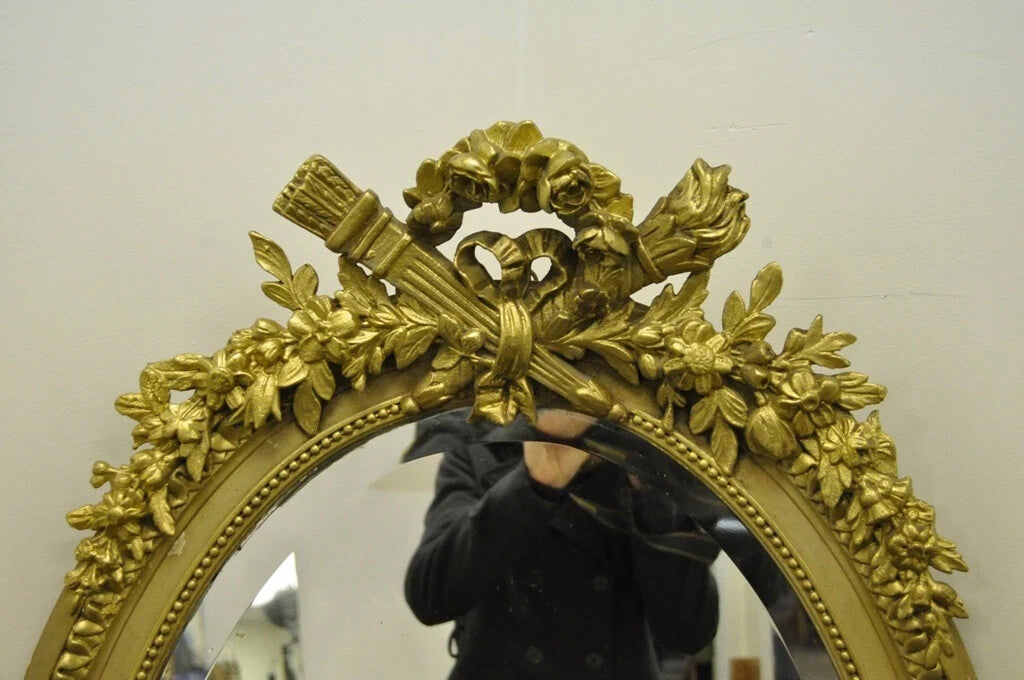 Antique French Louis XVI Style Gold Gilt Torch Flame Gesso Oval Wall Mirror