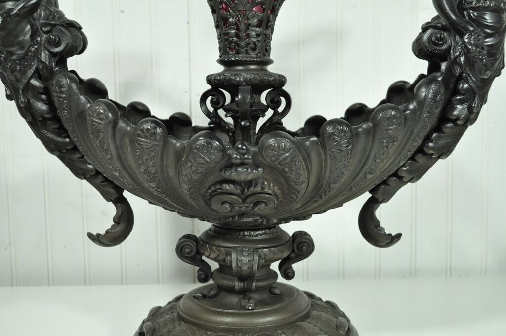 Antique Victorian Spelter & Marble Figural Mermaid Centerpiece Bowl Vase Epergne