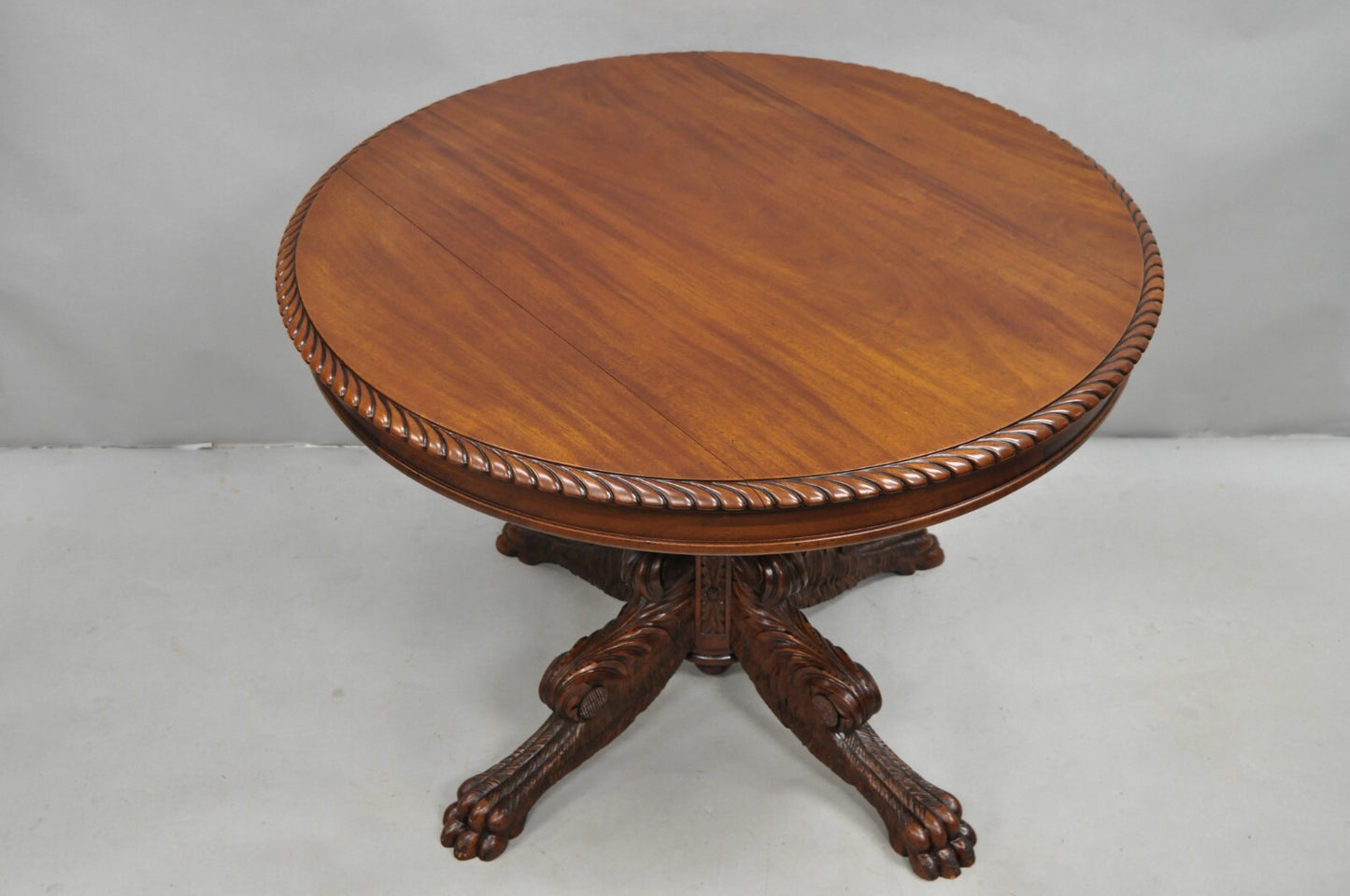 Antique French Empire Carved Mahogany Paw Foot Pedestal Base Round Center Table