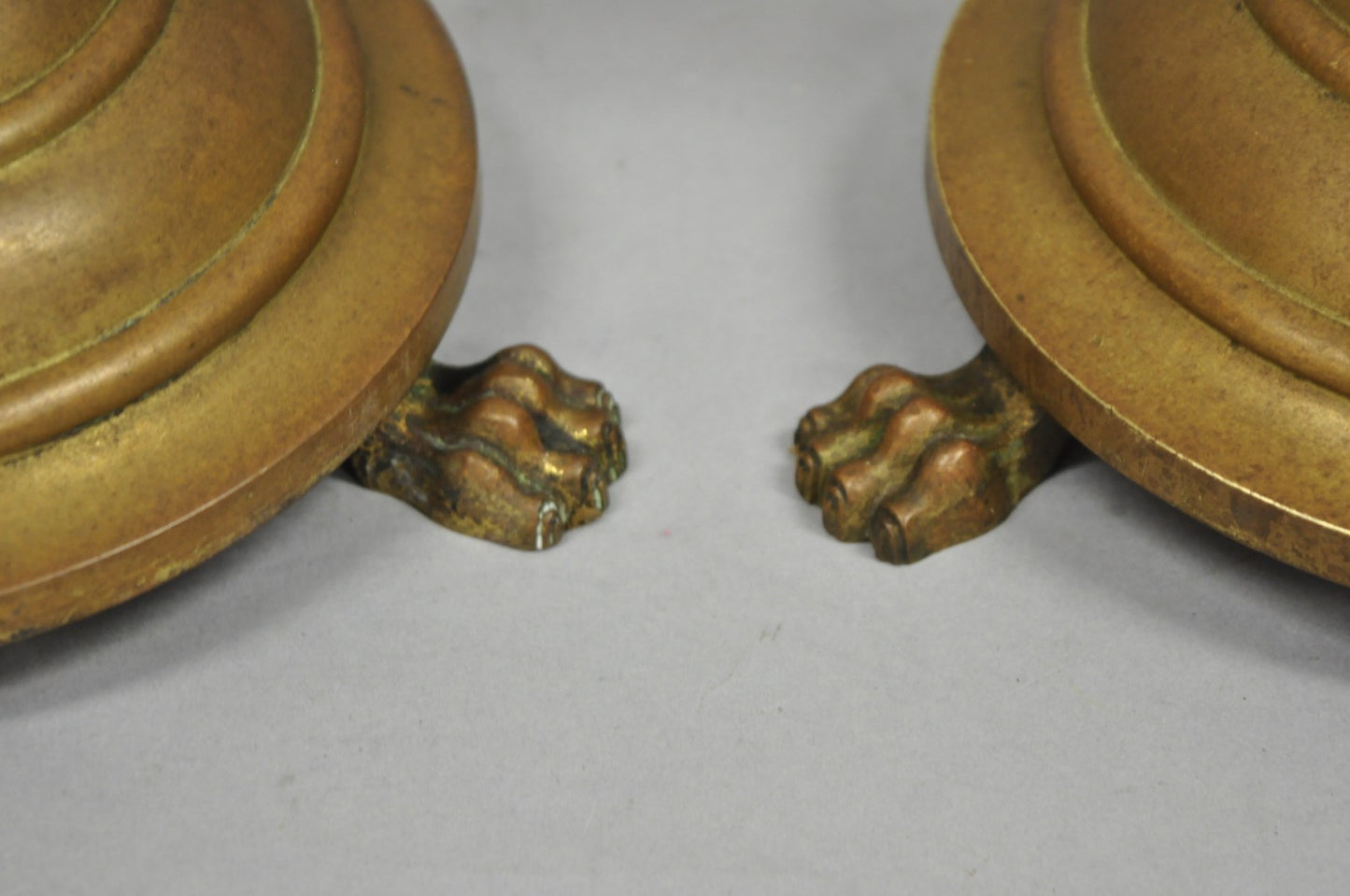 Antique English Renaissance Gothic Patinated Brass Candlestick Table Lamps Pair