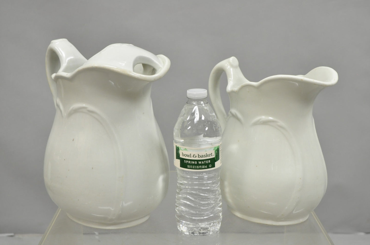 Vintage English Ironstone White Farmhouse Milk Water Pitchers - Set of 2