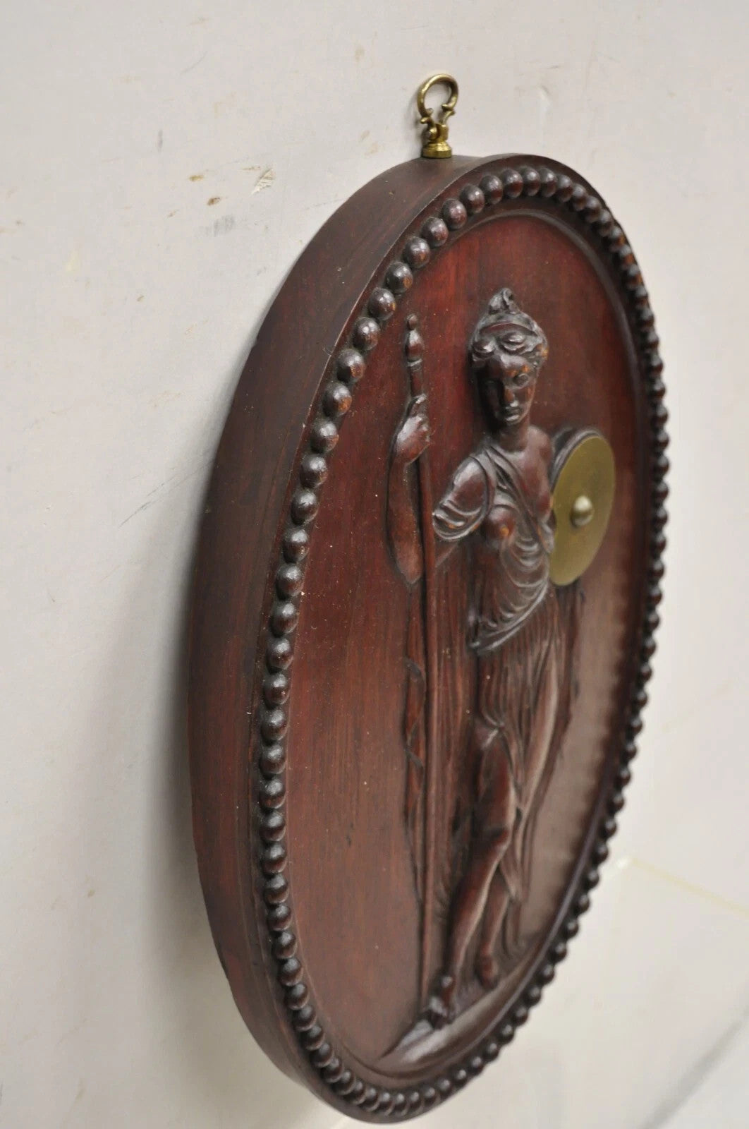 Antique Classical Oval Carved Mahogany Figural Goddess Wall Sculpture Plaque