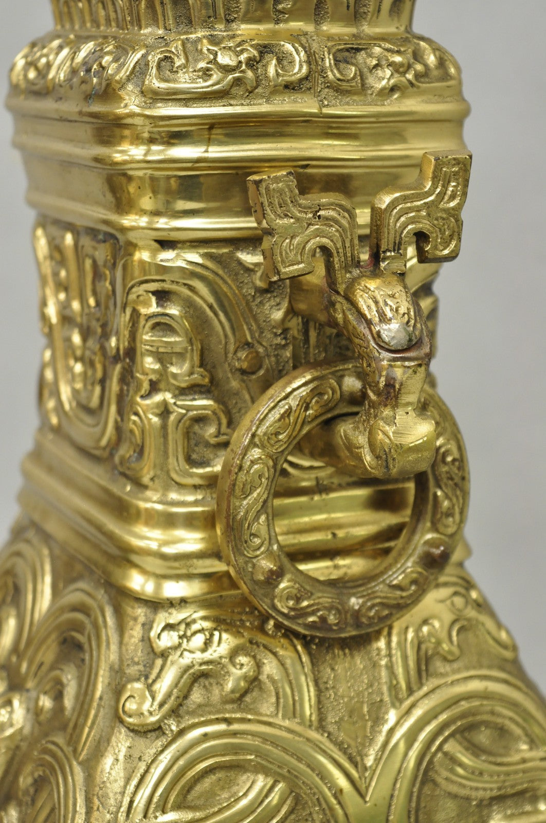 Vintage Chinese Figural Brass Bronze Wine Vessel Chinoiserie Hu Vase Table Lamp