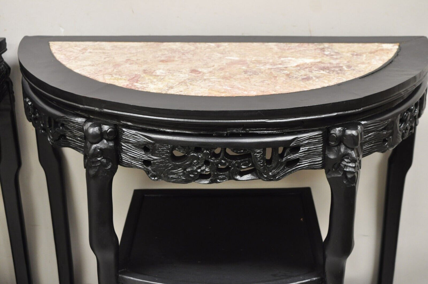 Vintage Chinese Chinoiserie Black Demilune Pink Marble Console Table - a Pair