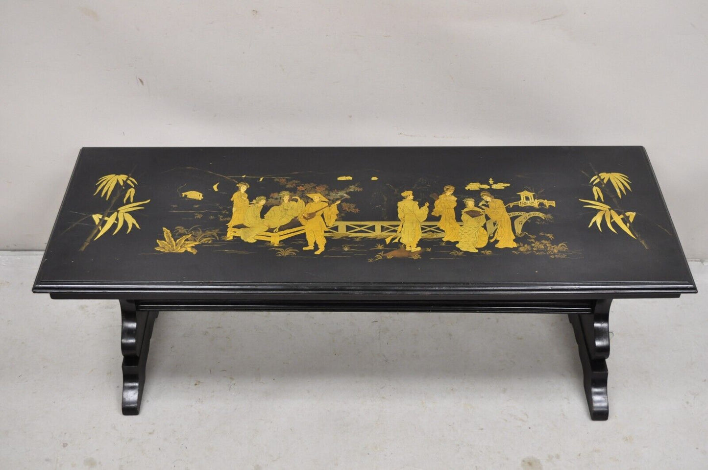 Vintage Chinoiserie Asian Inspired Black Painted Gold Gilt Trestle Coffee Table