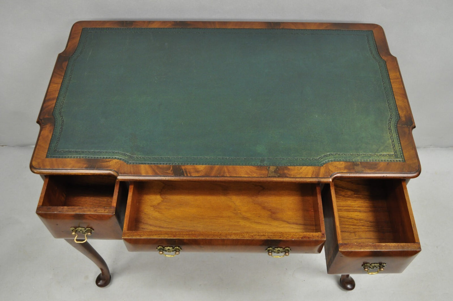Antique English Georgian Crotch Mahogany Green Leather Top Small Writing Desk