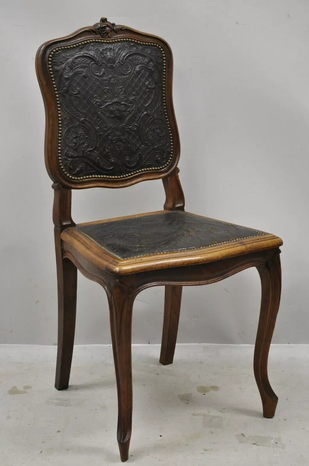 Antique French Louis XV Style Brown Embossed Leather Walnut Side Chair (C)