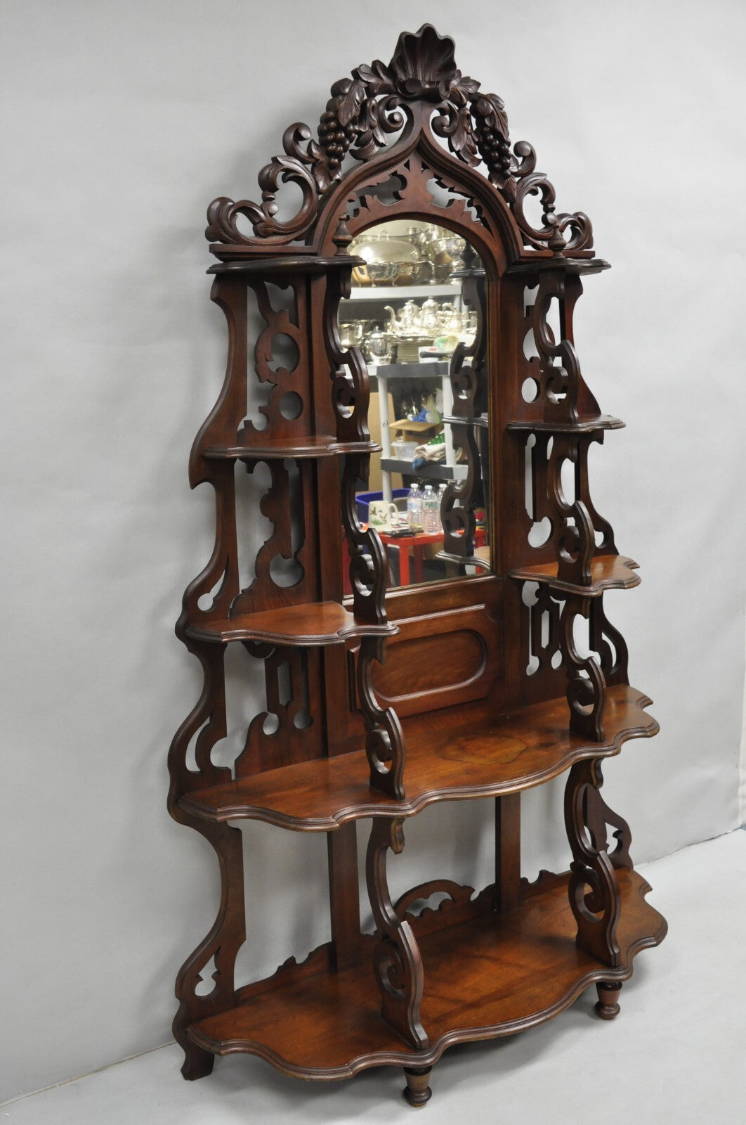 Antique Victorian Rococo Grapevine Carved Walnut Etagere Curio Shelf w/ Mirror