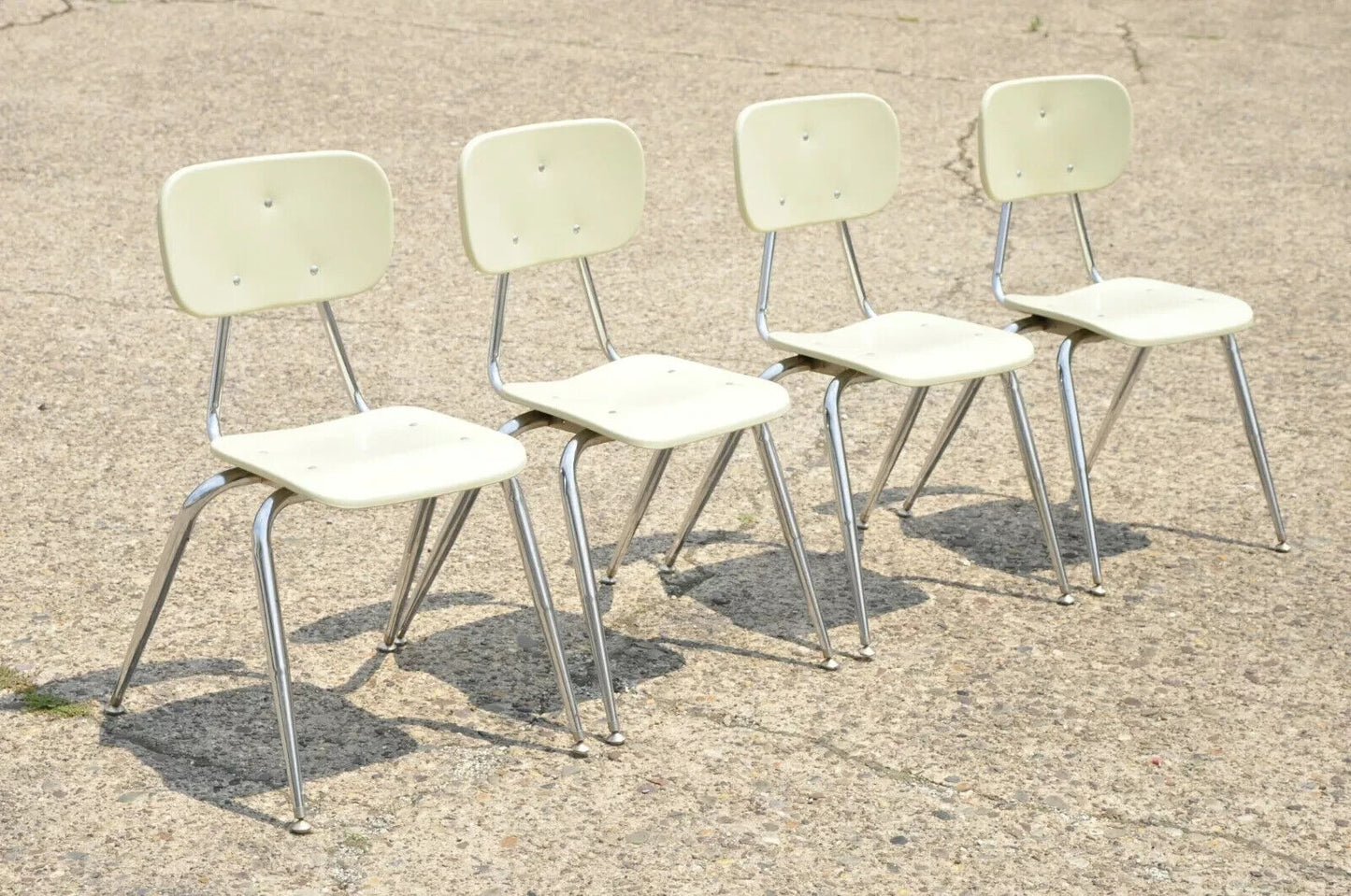 Vintage Molded Plastic Chrome Metal Base Stacking School Side Chairs - Set of 4