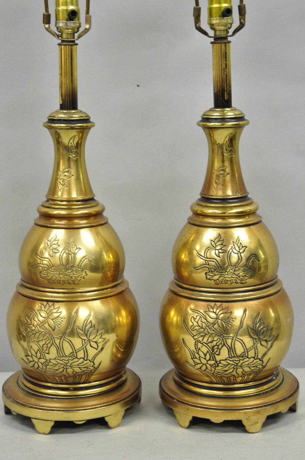 Vintage Chinoiserie Brass Stacked Beehive Table Lamps with Floral Etching - Pair