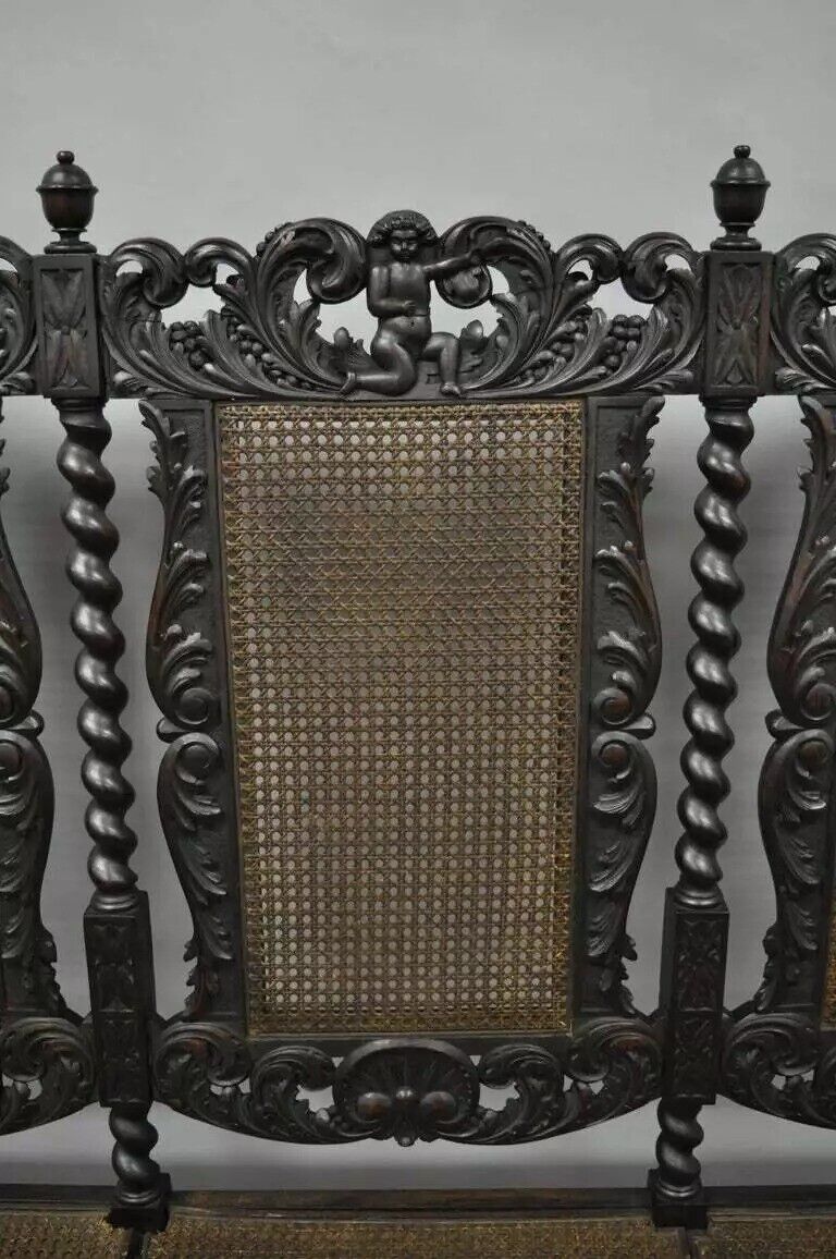 Jacobean Renaissance Barley Twist Cherub Carved Parlor Loveseat Bench Settee