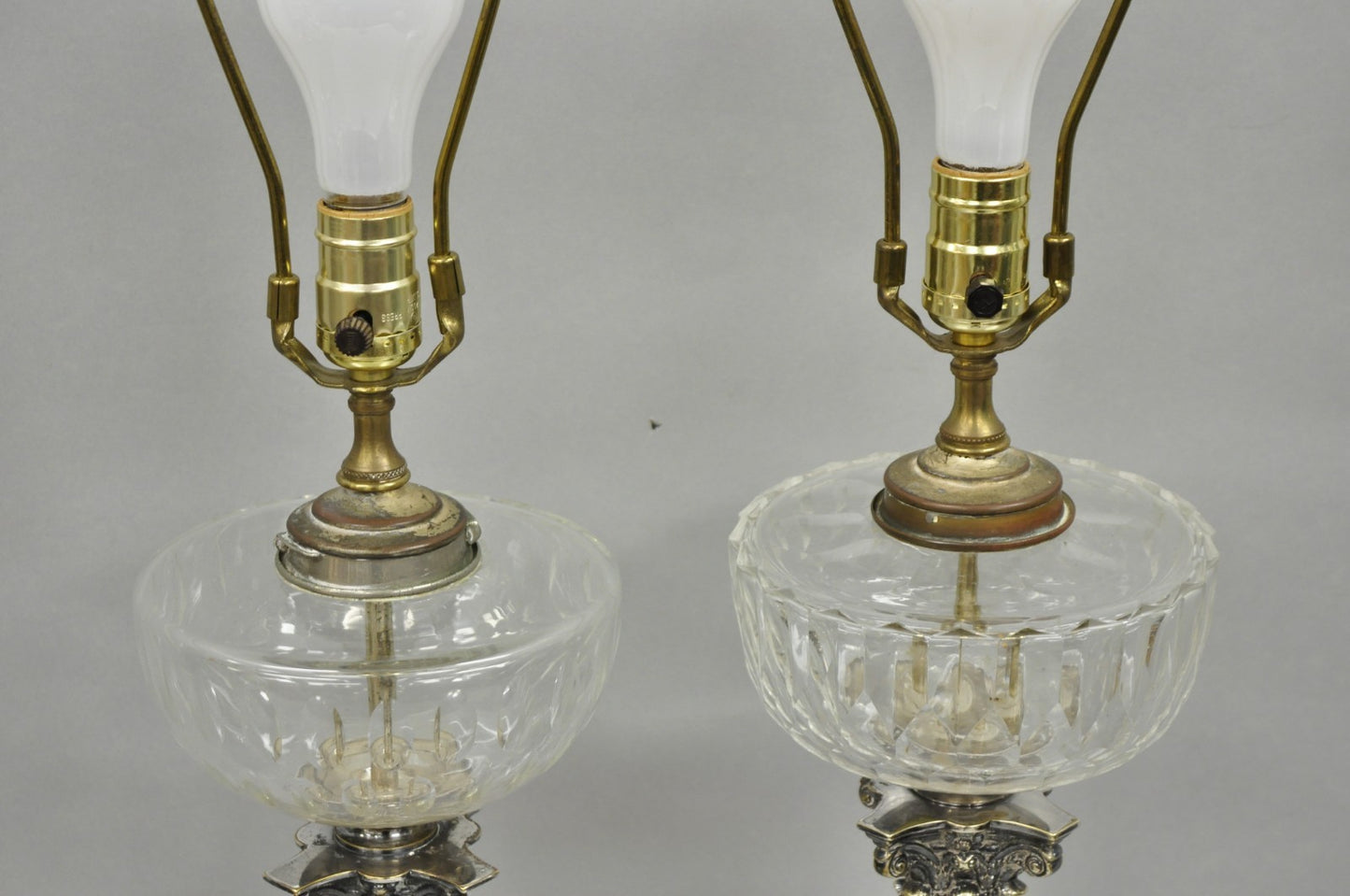 French Empire English Silver Plated Corinthian Column Table Lamp - Near Pair