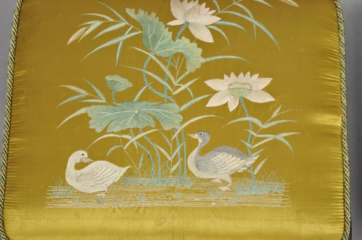Vintage Chinoiserie Chinese Ming Style Low Footstool Ottoman w/ Silk - Pair