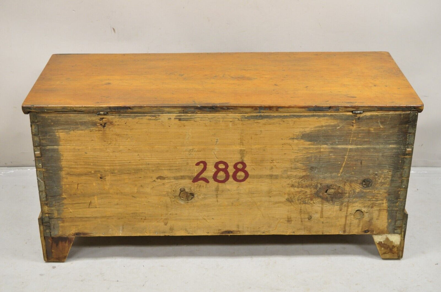 Antique 19th C Chestnut Dovetailed Primitive Wooden Storage Blanket Chest Trunk