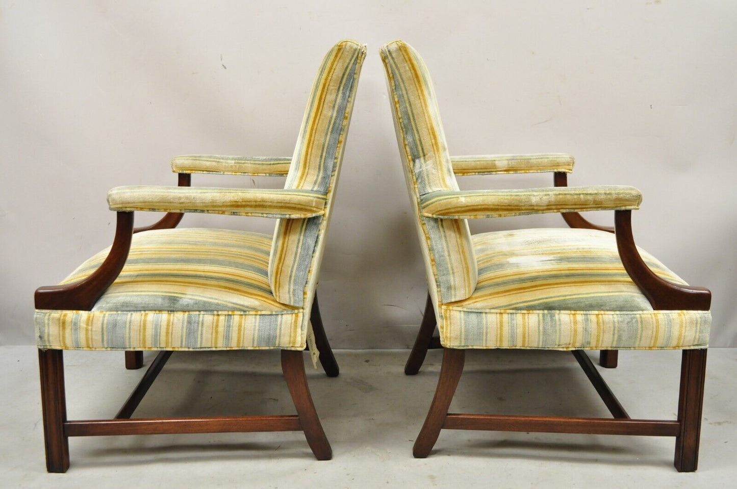 Vintage W&J Sloane Mahogany Frame Edwardian Style Library Arm Chairs - a Pair