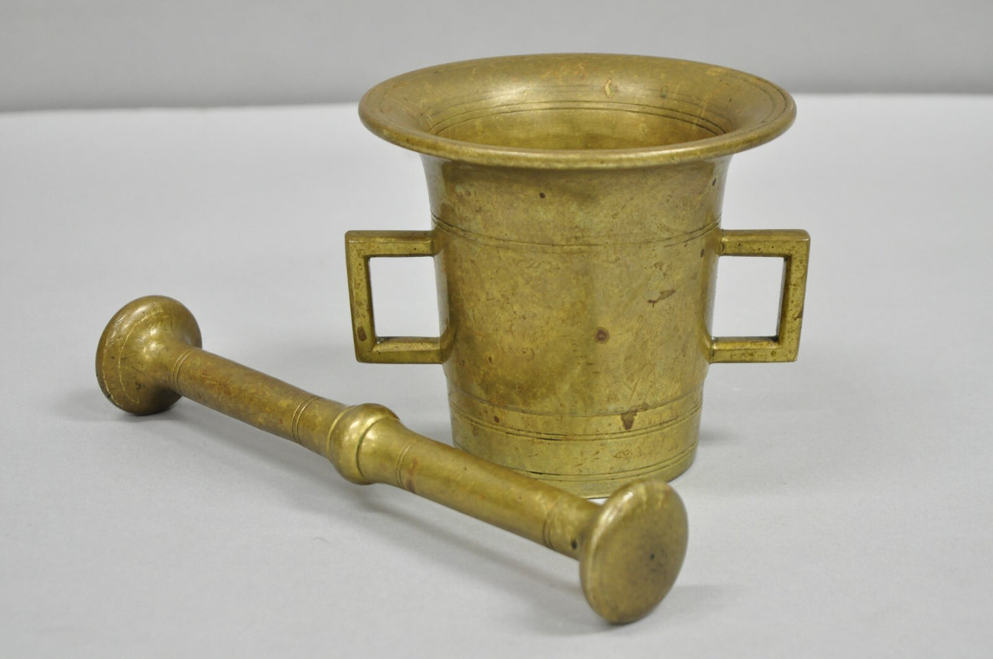 Antique Solid Bronze Brass Large German Apothecary Mortar with Pestle - 2 Pcs