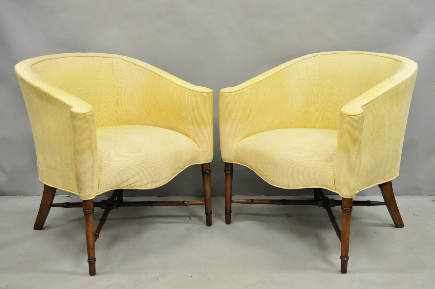 Vintage Faux Bamboo Hollywood Regency Barrel Back Club Lounge Chairs - a Pair