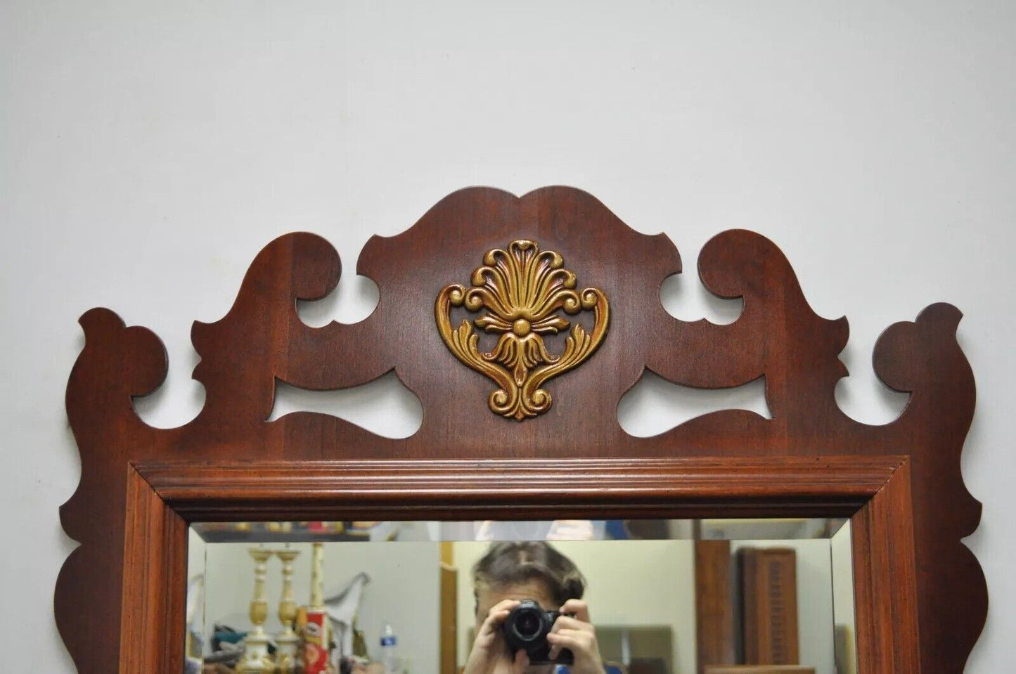 Vintage Chippendale Style Mahogany Fretwork Beveled Glass Wall Mirror