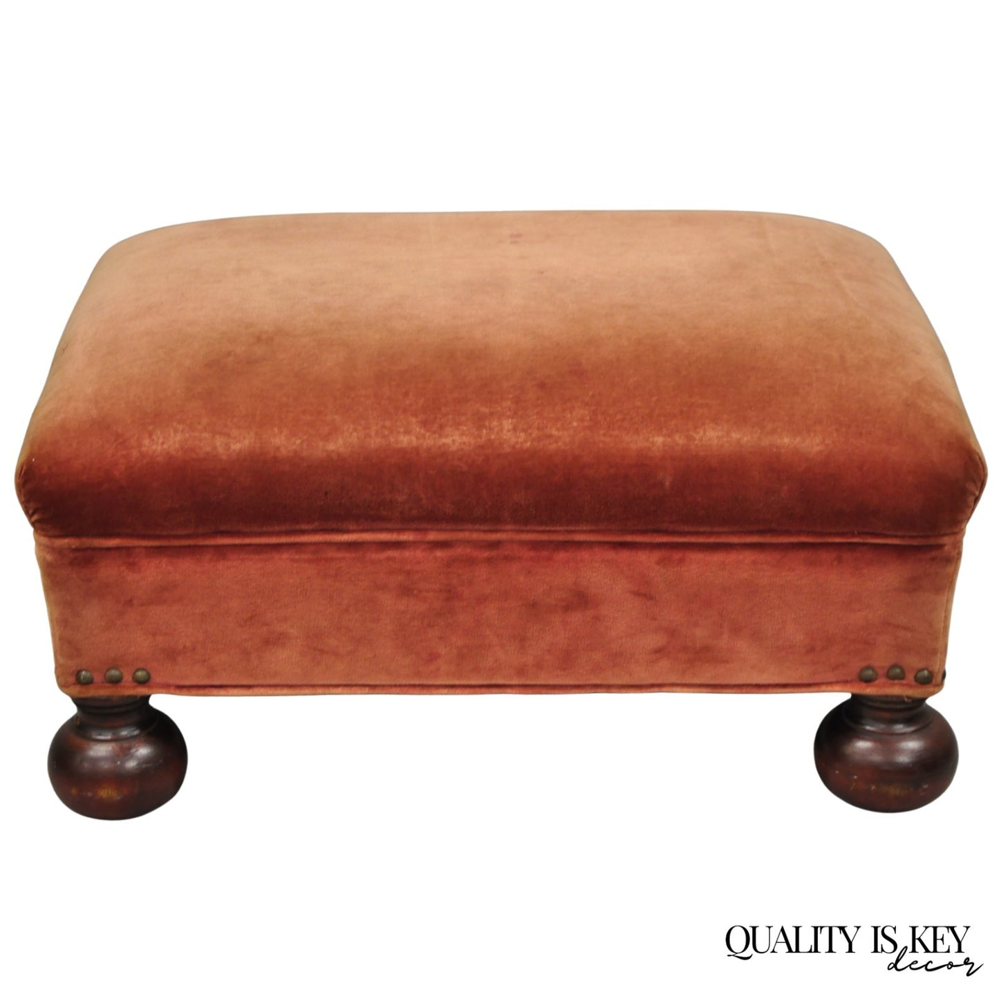 Vintage Jacobean William & Mary Walnut Bun Feet Upholstered Ottoman Footstool