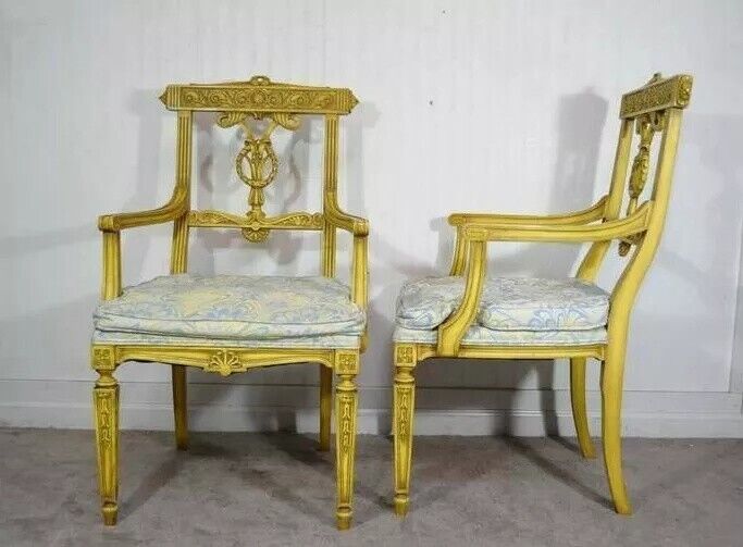 Vintage French Regency Louis XVI Yellow Carved Wood Dining Chairs - Set of 6