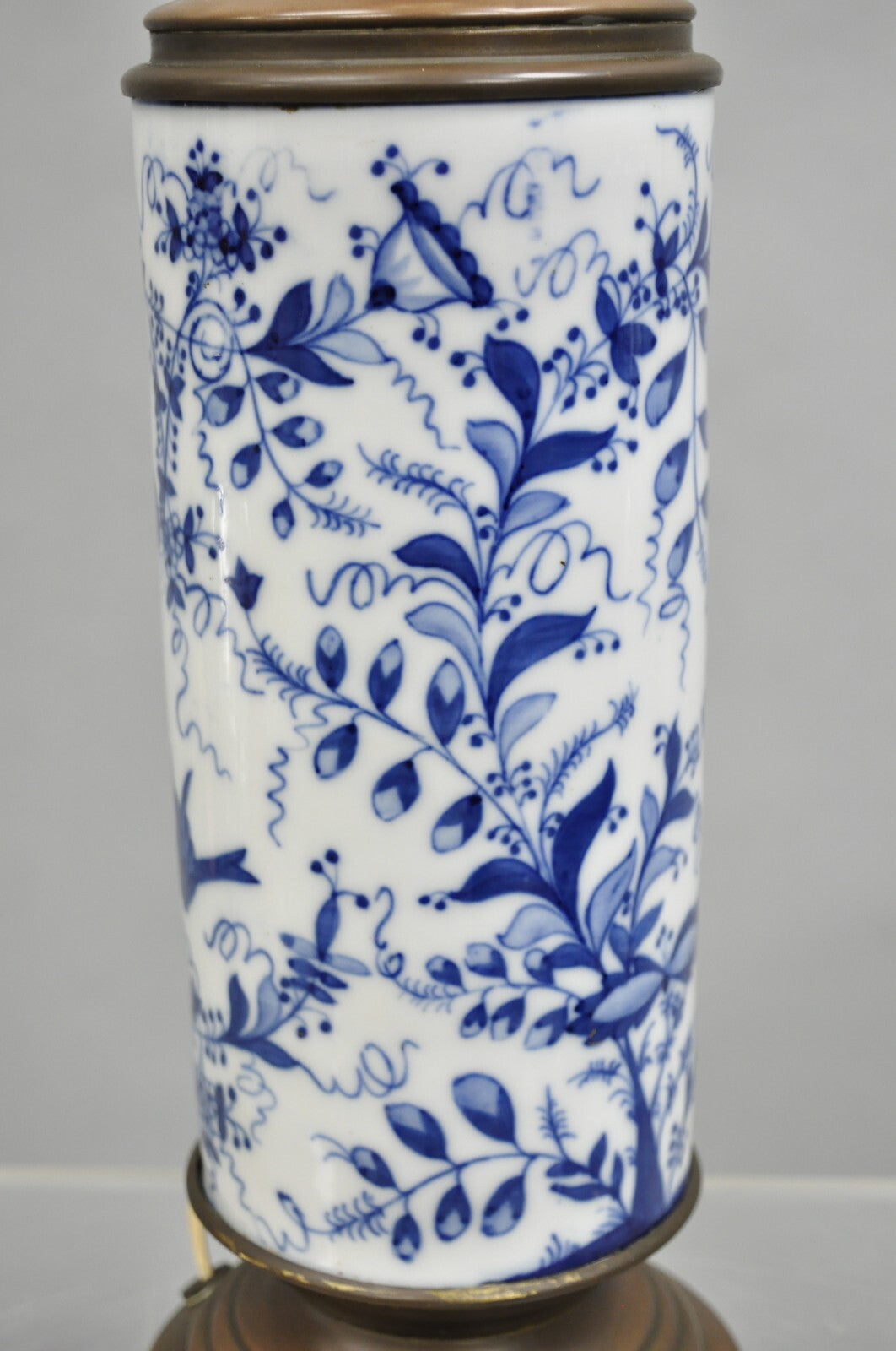 Antique Chinoiserie Blue and White Porcelain Jardiniere Bird & Vine Table Lamp