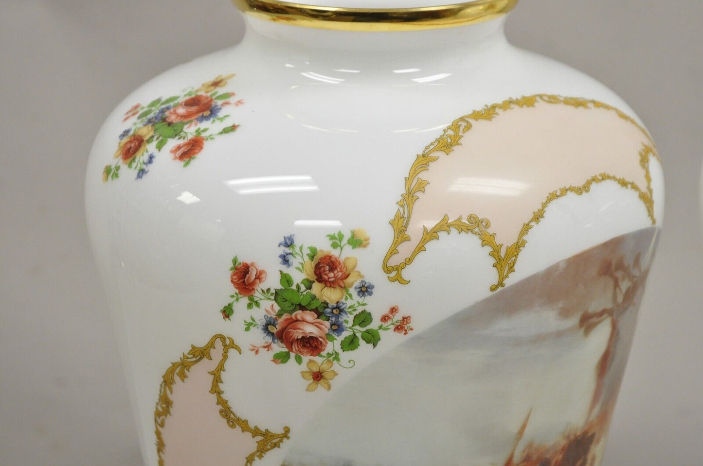 Vintage French Style Large White Blown Glass Transfer Scene Jar Vases - a Pair