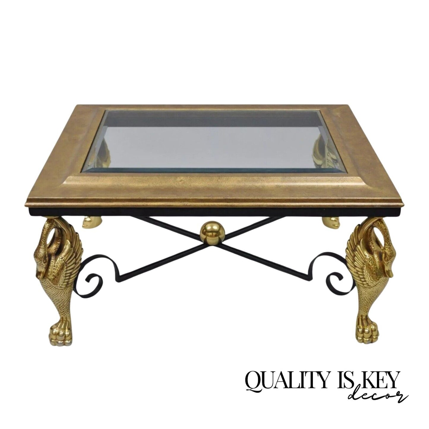 Regency Style Figural Swan Base Rectangular Iron and Glass Gold Coffee Table (A)