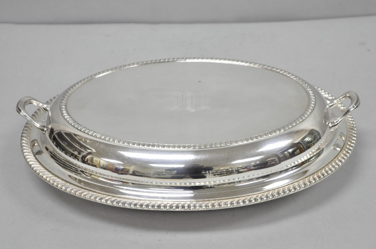 Antique English Regency Silver Plated Large Covered Serving Dish 'M" Monogram